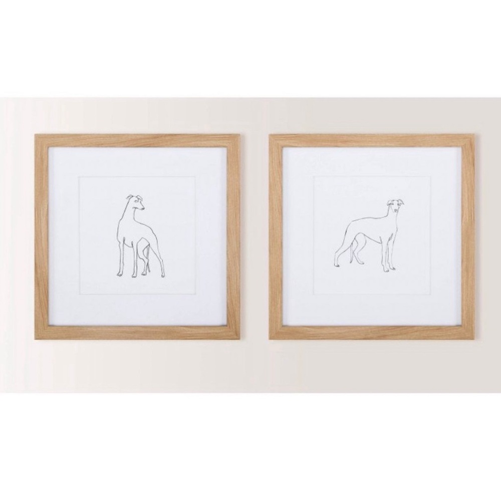 NIB Set of Two 12x12 Grayhounds Sketched in Black in Brown wood frame